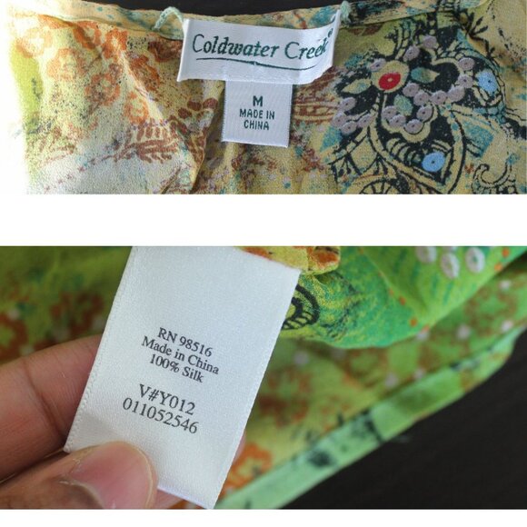 Coldwater Creek Top 100% Silk Blouse Faux Wrap Womens M Orange Green Boho 70's - Picture 6 of 8